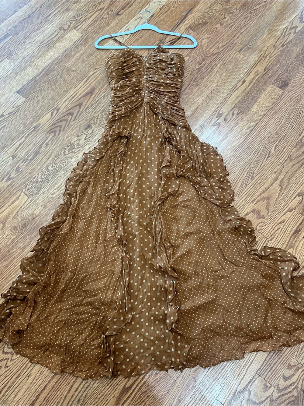 NWT Shona Joy Brielle Ruched Frill Maxi Dress Almond Sand Polka Dot US 2